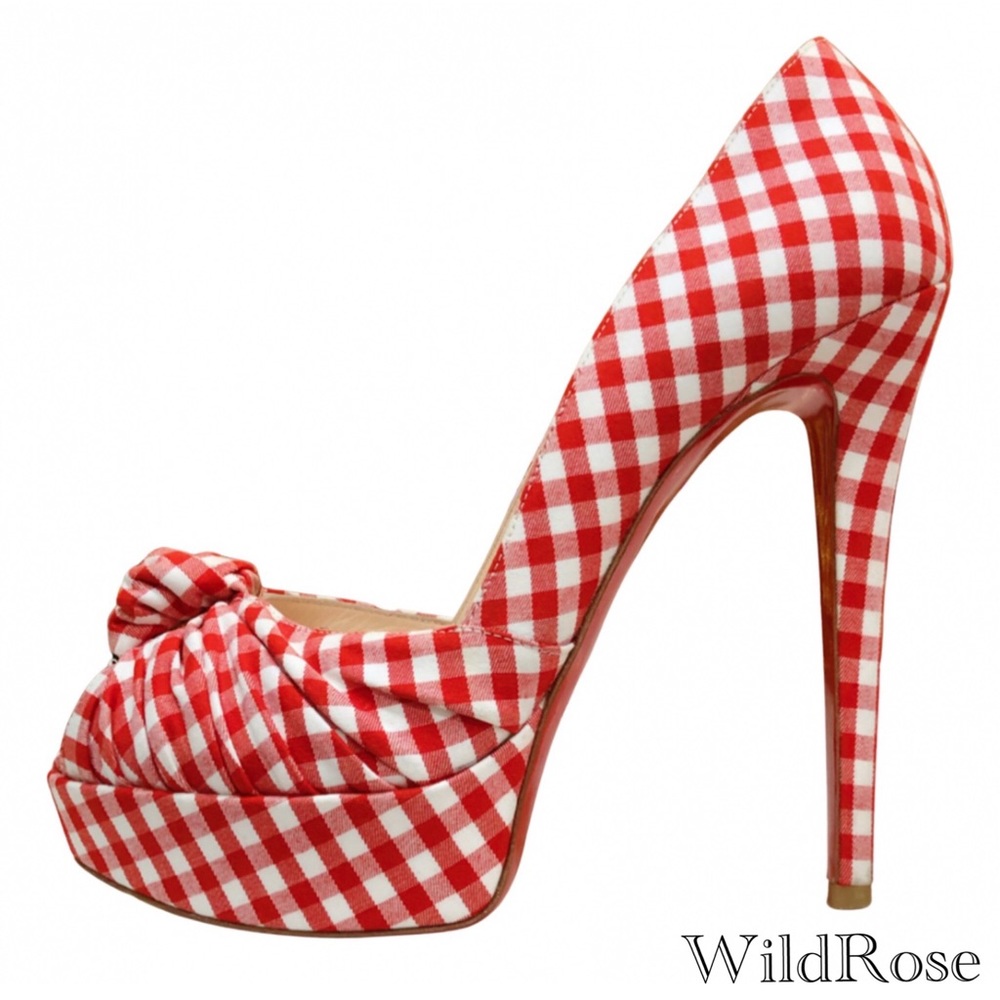 CHRISTIAN LOUBOUTIN Greissimo Red Gingham Plaid Knotted Peep Toe Platform Pumps